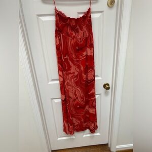 Michael Kors Red Marble-Print Strapless Maxi Dress - Small